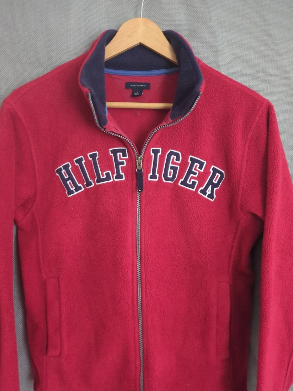 Tommy Hilfiger Women's Red Fleece Zip Jacket with Navy Trim